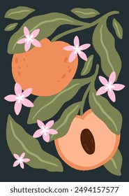 Modern botany art print with apricots. Flat vector illustration. Summer vector design for cards, invitations, posters, banners, textile.