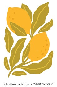 Modern botany art print with lemons. Flat vector illustration isolated on white background. Summer vector design for cards, invitations, posters, banners, textile.