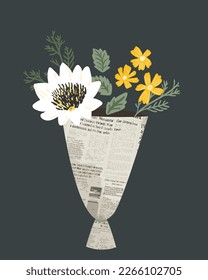 Modern bouquet with flowers in newspaper. Protea flower, cosmeas and green leaves. Greeting card illustration