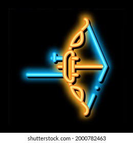 Modern Bow And Arrow Tool, vector de señal de luz de neón. Icono brillante Arco de arcos Equipos deportivos Doble Concepto Pictograma lineal. Atacando el cartel de munición Dart Longbow. ilustración de símbolo transparente