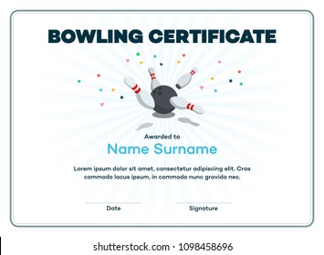 Modern bowling certificate with place for your content, scattered skittle and bowling ball isolated on light background with transparent shadows.