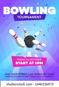 Modern bowling tournament poster invitation template with scattered skittles and bowling ball.