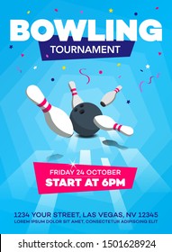 Modern bowling tournament poster invitation template with scattered skittles and bowling ball - blue version.