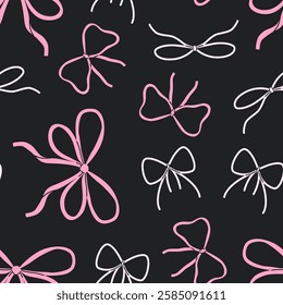 Modern bows seamless pattern on black background. Cute bow knots repeat background. Hand drawn vector illustration.
