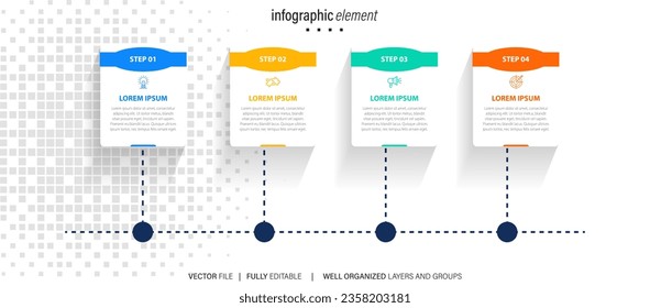 Plantilla infográfica de línea de caja moderna con 4 pasos. Plantilla de círculo de negocios con opciones para folleto, diagrama, flujo de trabajo, línea de tiempo, diseño web. Vector