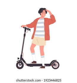 Modern boy riding electric walk scooter. Happy active teenager driving eco urban transport. Colored flat vector illustration isolated on white background