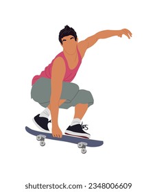 Modern boy skater jumping with skateboard. Young man skate boarding. Urban street outdoor activity. Vector realistic illustration of active teenager riding longboard isolated on white background