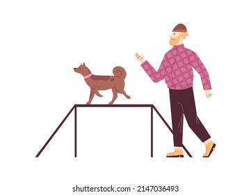 Modern Boy Training His Brown Dog Makes Command With Obstacle Flat Style, Vector Illustration Isolated On White Background. Dog Agility, Exercise For Pet, Animal And Human Friendship