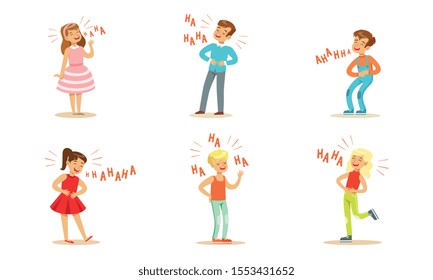 Modern boys and girls are laughing. Vector illustration.