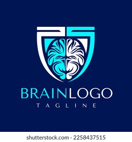 Plantilla moderna de diseño del logotipo del escudo cerebral. Vector gráfico del logotipo del cerebro educativo.