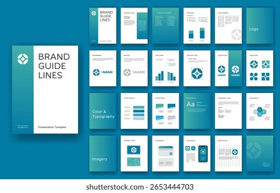 Manual da marca moderna. Apresentação da identidade. Modelo do guia de logotipo. Layout de design corporativo. Sistema de tipo de logotipo.
