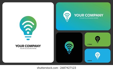 Modern branding concept with vibrant lightbulb WiFi signal logo for tech company, showcasing innovation, connectivity and smart solutions in a dynamic design