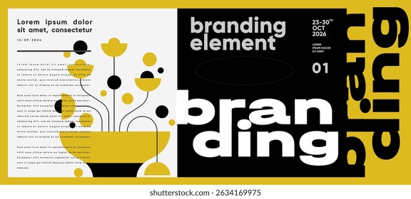 Modern branding layout with strong typographic contrast and abstract floral graphics, balancing yellow and black for high-impact corporate styling.