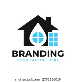Modern branding logo featuring a house silhouette, a central water drop, and blue windows, ideal for plumbing services, HVAC, or home insurance.
