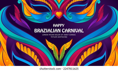 Modern Brazilian carnival party banner, colorful mask and feather illustration with blue and purple background  