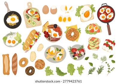 Modern breakfast and brunch food collection with protein rich egg dishes, avocado toast, bagels, sandwiches, salmon toasts, bakery products and fresh herbs in clean vector style. Healthy meals isolated on light background for cafe menus, restaurant branding, meal prep designs, recipe content, food delivery apps and culinary marketing projects