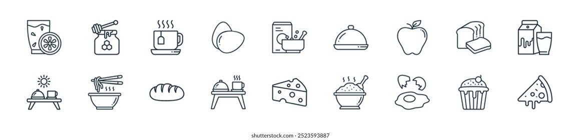 modern breakfast icon pack. perfect for linear ui designs featuring vector pizza, cupcake, fried egg, rice, cheese, breakfast, bread and more icons for mobile and web apps.