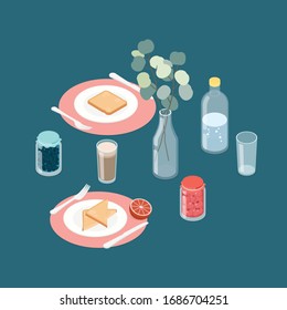 Modern breakfast set. Isometric vector illustration in flat design.