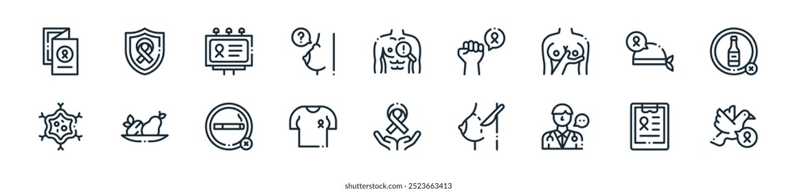 modern breast cancer awareness icon pack. perfect for linear ui designs featuring vector dove, medical report, doctor, surgery, ribbon, tshirt, no smoking and more icons for mobile and web apps.