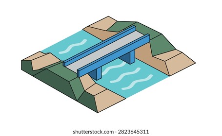 Modern bridge construction crossing over a blue river in an isometric view representing infrastructure and civil engineering design.