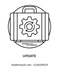 Modern briefcase stamped with gear sign having inversing arrows implying business update icon