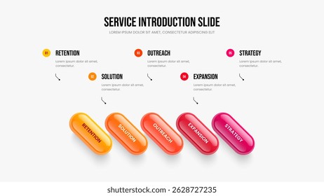 Modern Briefing Slide Template Vector Illustration. Digital Campaign Five Step Infographic Frame Design. Sales Launch 5 Element Diagram Slideshow Layout.