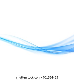 Modern bright abstract elegant smoke wind airy graphic swoosh fashion transparent speed blue line over white background. Vector illustration