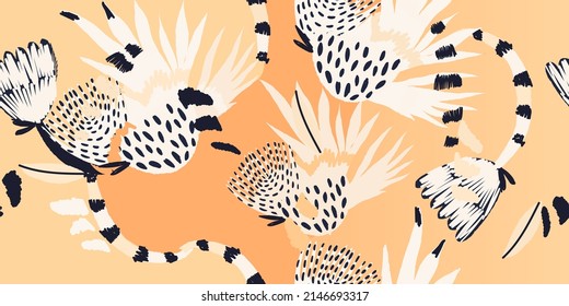 Modern bright abstract exotic floral pattern. Collage trendy seamless pattern. Hand drawn cartoon style illustration.