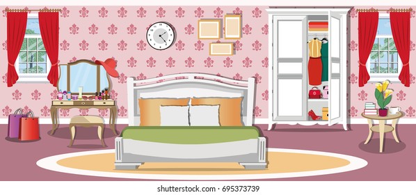 Modern bright bedroom interior design with two windows and comfortable furniture. Large bed, wardrobe, console mirror with cosmetics. Flat style vector illustration.