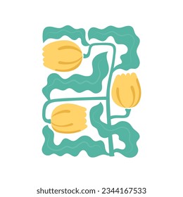 Modern bright bold tulips for wall art, banner, poster, card. Trendy abstract flowers with wavy leaves.