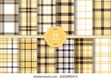 Modern Bright Canary and Midnight Charcoal Seamless Tartan Fabric Design Set of 12