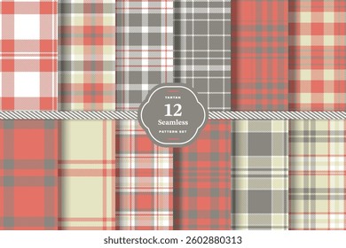 Modern Bright Canary and Pale Ruby Seamless Tartan Fabric Design Set of 12