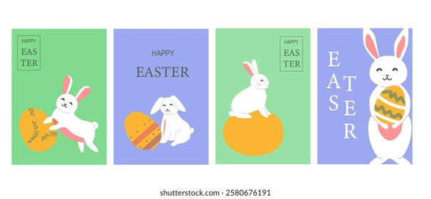 Modern bright cards with Cute easter bunnies and eggs on colorful backgrounds.