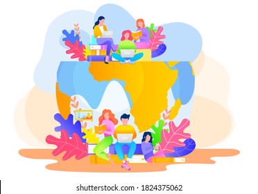 Modern bright characters are sitting on the colorful planet. Twenty-first century work. People are working using technologies. Man and women are reading some information from books and laptops
