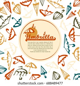 Modern bright color card template with umbrellas for graphic design. Vector isolated autumn illustration on a white background.