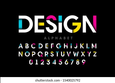 Modern bright colorful font, alphabet letters and numbers, vector illustration
