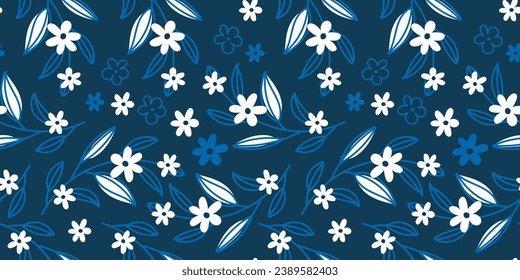 Modern bright colorful seamless leaf pattern in linear style. Autumn, spring background. Seamless summer blue leaves background. Vector floral wallpaper, botanical design for fabric