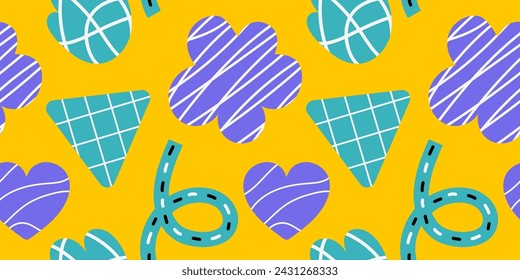 Modern bright and colorful seamless pattern in 2000s on yellow background. Hand drawn abstract shapes with scribble lines inside. Vector illustration for textile, paper, fabric, wallpaper, print