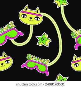 Moderne, helle Komposition der Katze mit Sportband auf Kopf, Stern und Sonnenbrille mit Sommercoole. Nahtloses Muster, Tapete oder Hintergrund. Vektorgrafik auf Flach-Art