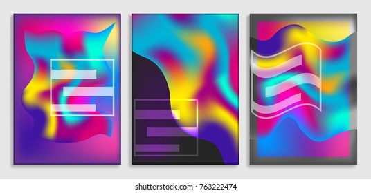 Modern bright and contrast backgrounds with vibrant gradient elements for fashion flyer, brochure design. Creative posters set with yellow, blue and violet mesh liquid flag or waves