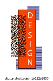 Modern bright disfine text frames with leopard print, geometric shapes and lines in tones of lash lava, phantom blue, black, white. Contemporary graphic art. Vector.
