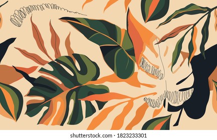 Modern bright exotic jungle plants illustration pattern. Creative collage contemporary floral seamless pattern. Fashionable template for design.