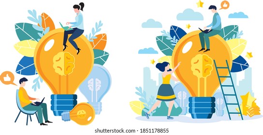 Moderno y luminoso diseño plano. Trabajo en equipo, búsqueda de ideas, lluvia de ideas, bulbo grande es una gran idea.