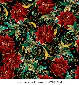 Modern bright floral seamless pattern. Elegant flowery background wallpaper illustration with abstract red 3d flowers, curly antique leaves and vintage flourish ornaments.Decorative fabric