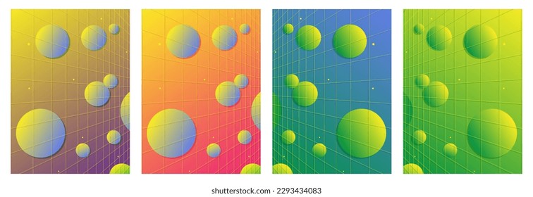 Moderne, helle geometrische Plakate mit Gitter und Planeten im y2k-Stil. Vektorsäurehintergründe.