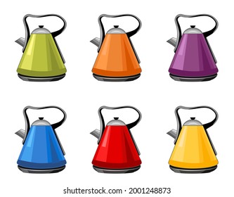 Modern , bright green, orange, purple, blue, red, yellow Kettles, electric teapots isolated cartoon flat set icons. For kitchen interior design
Home appliance for boiling water.