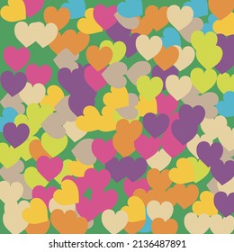 Modern Bright Green Trendy Detailed Fabric. Multicolor Beige Simple Romantic Wedding Art. Violet Blue Hearts Love Confetti Vector Print. Colorful Orange Pastel Saint Valentine Art Illustration.