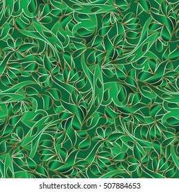 Modern bright green vector seamless pattern background wallpaper illustration with hand drawn decorative abstract 3d paisleys flowers leaves and ornaments.Endless stylish texture