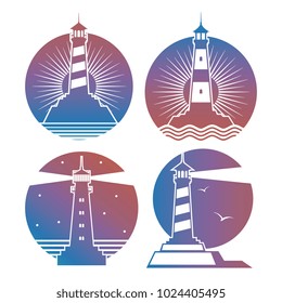 Modern bright lighthouses emblems or logos of collection. Vector illustration