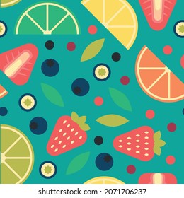 Modern bright minimalistic pattern with various fruits. Multi-colored berries and citrus pieces. The seamless print is suitable for clothing, dresses, t-shirts and bedding. EPS 10